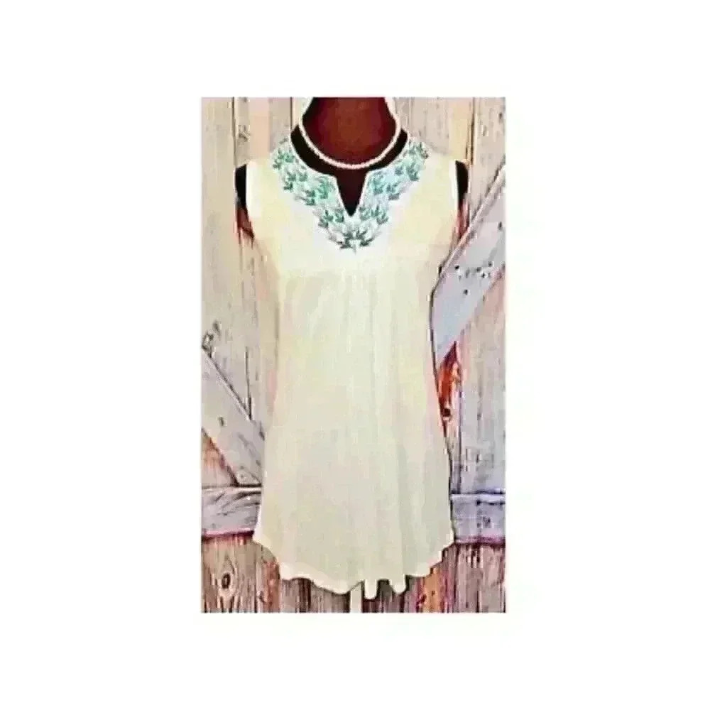 LUV 2 LUV Womans TUNIC Top Juniors Off White Cotton Lightweight Shirt size Lg